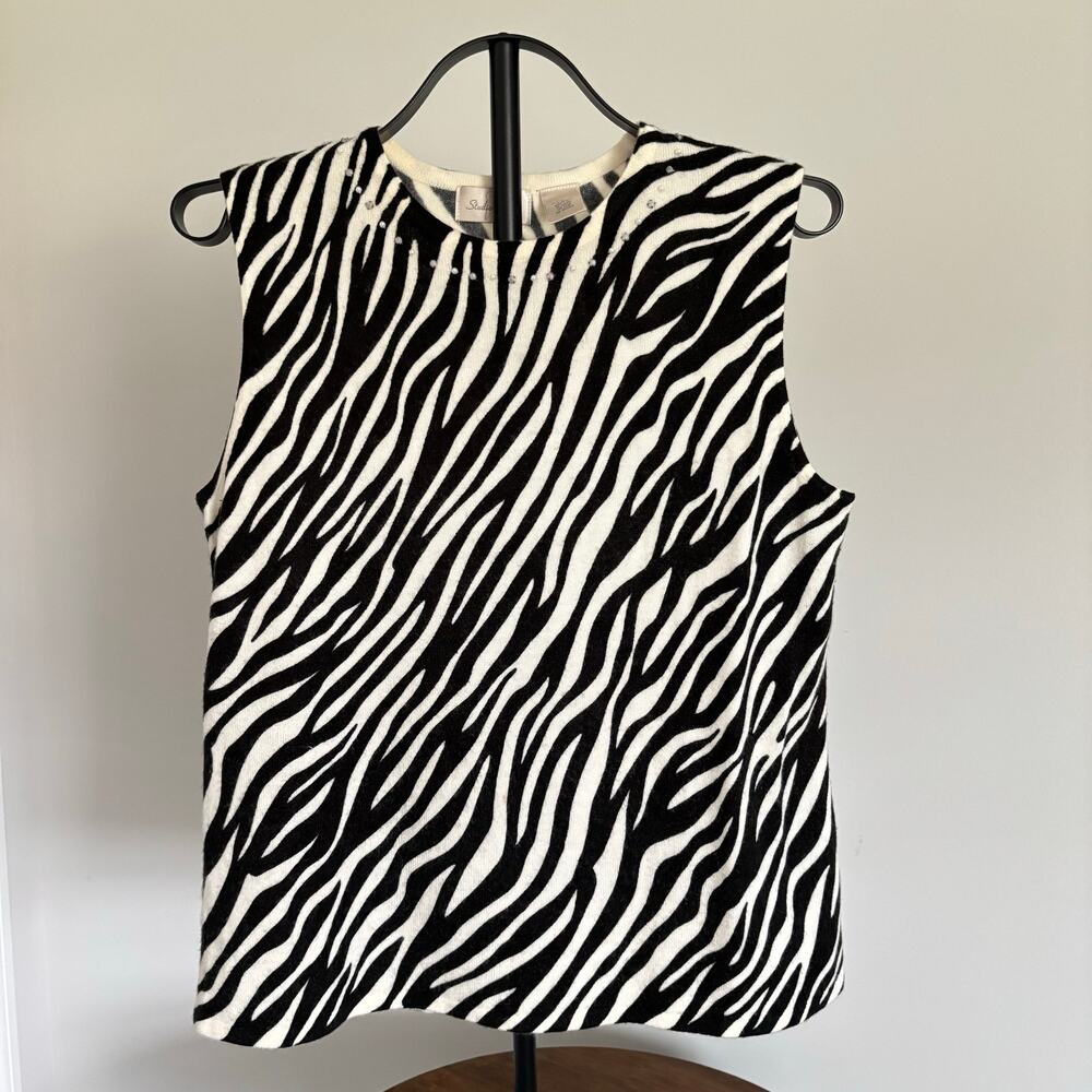 Vintage Studio Works Zebra Print Sweater Vest Women’s M Pearl Beaded Y2K Animal